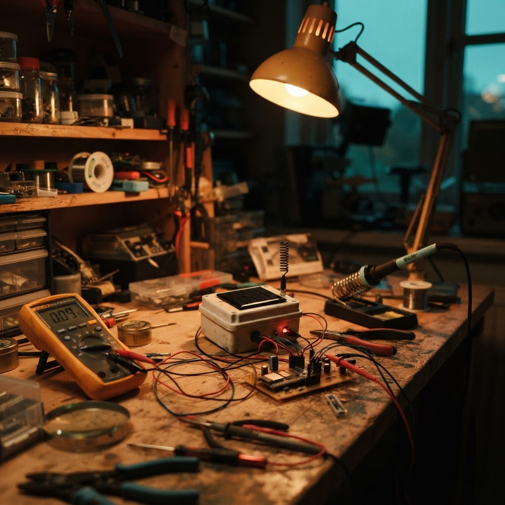 An early AquaTrack sensor prototype on a workshop desk, surrounded by tools and circuit boards